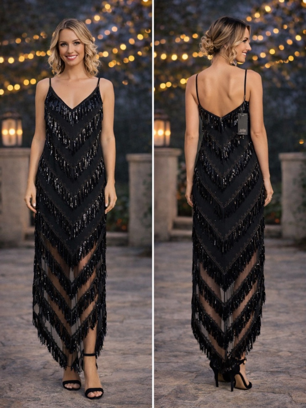 Black AIDAN MATTOX BLACK sequins sleeveless FRINGE V GOWN